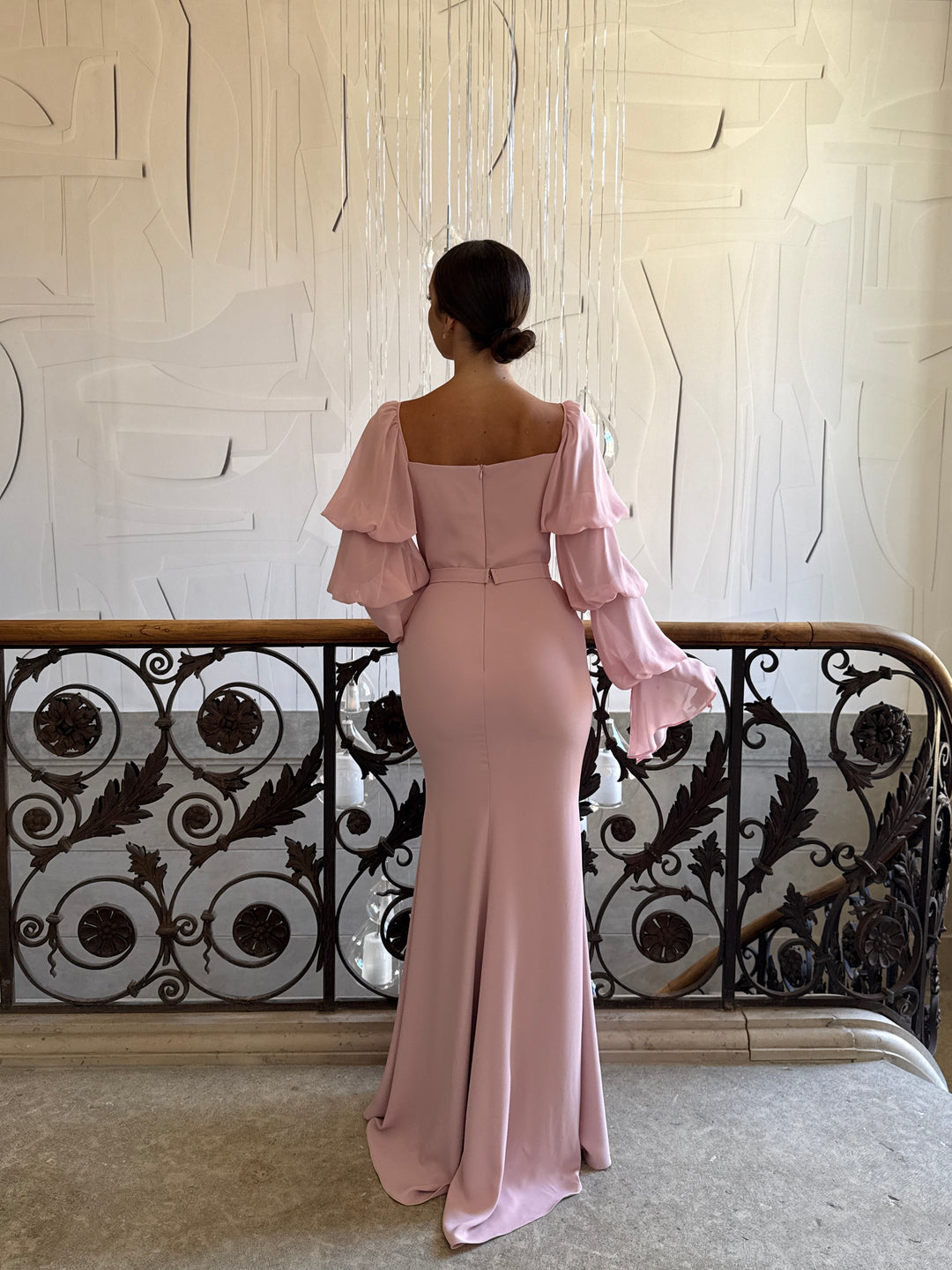 Longue robe de soirée chic rose, sans fente, manche longue, col carré, pour tout type d'événement, gala, cérémonie, mariage