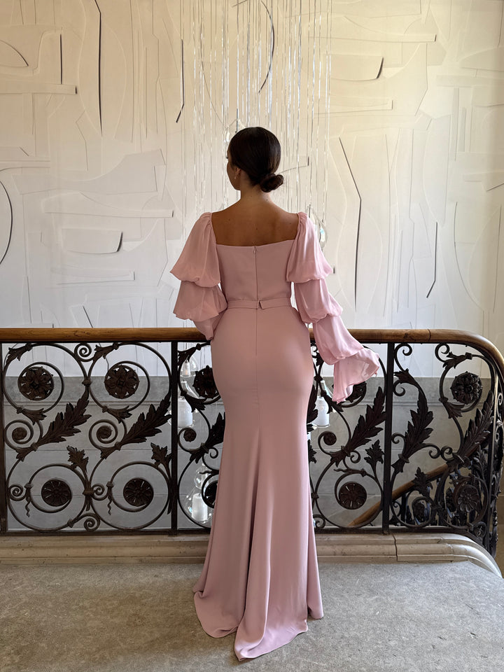 Longue robe de soirée chic rose, sans fente, manche longue, col carré, pour tout type d'événement, gala, cérémonie, mariage