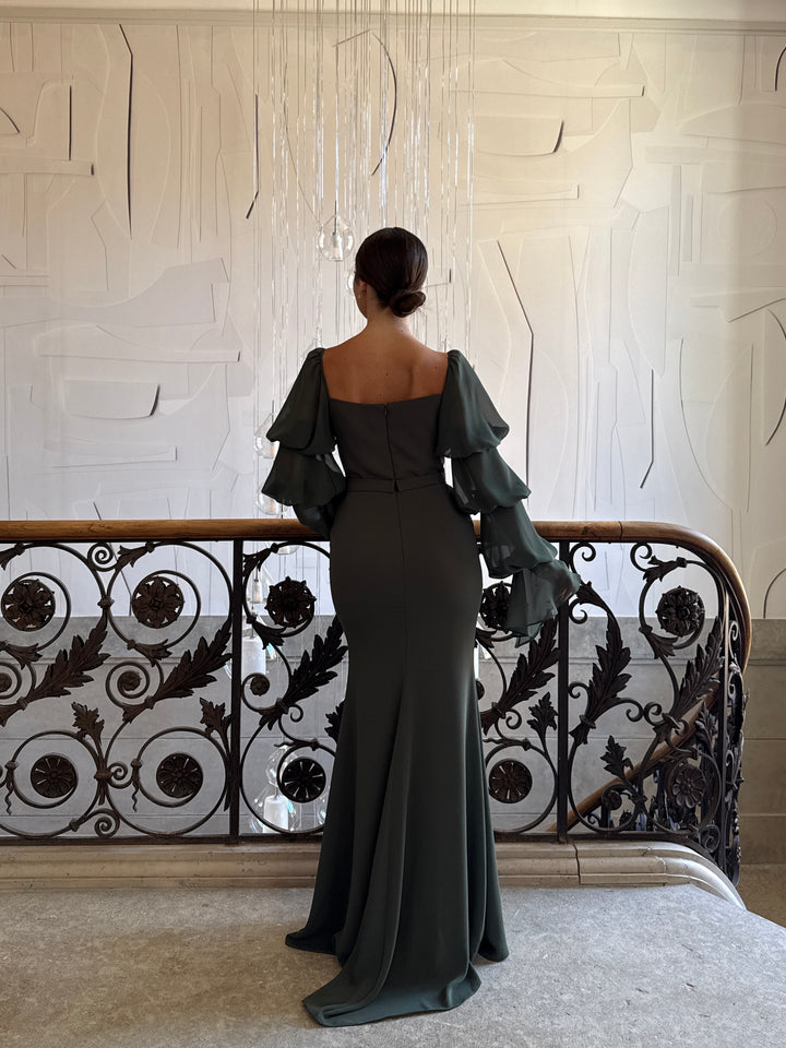 Longue robe de soirée kaki élégante, sans fente, manche longue, col carré, pour tout type d'événement, gala, cérémonie, mariage