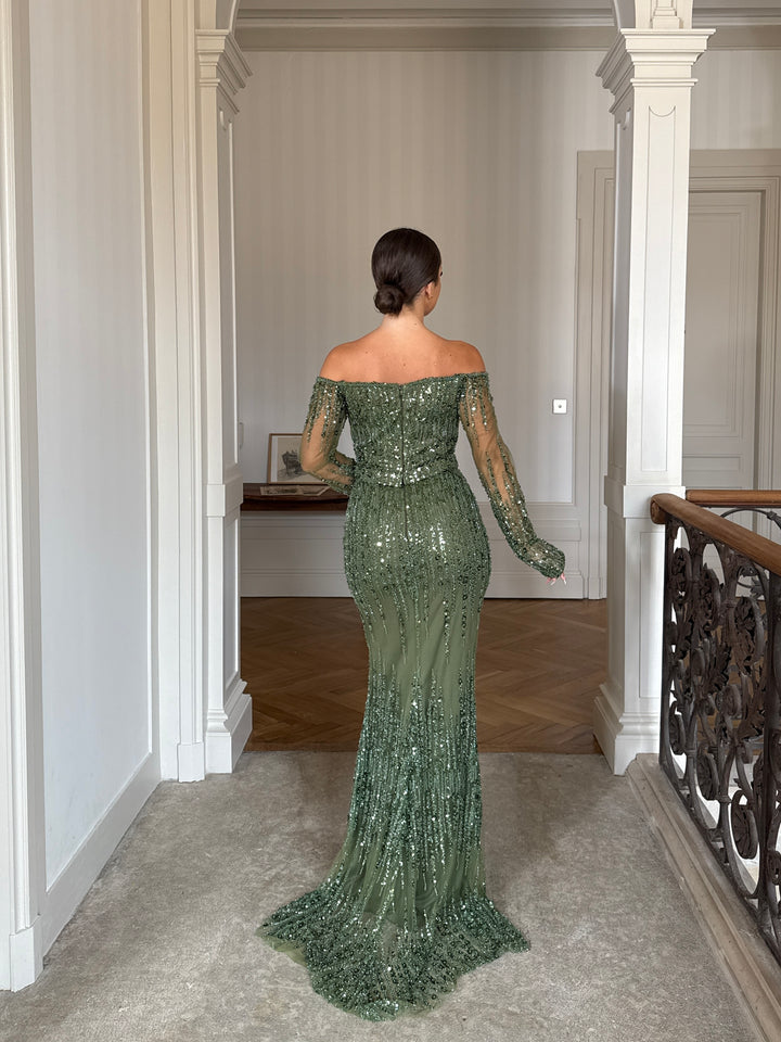 longue robe de soirée kaki élégante, manche longue, sans fente, col bateau, pour mariage événement gala ou cérémonie