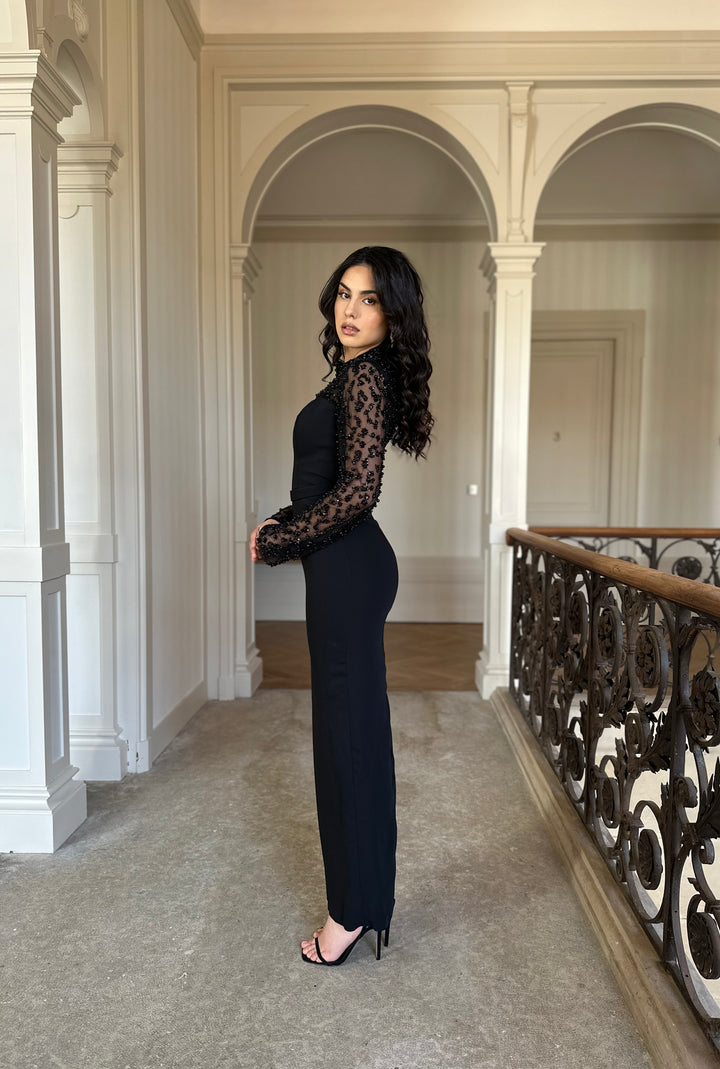 Longue robe de soirée noir chic, avec une fente à l'arrière, col montant, manche longue, pour tout type d'événement, gala, cérémonie, mariage