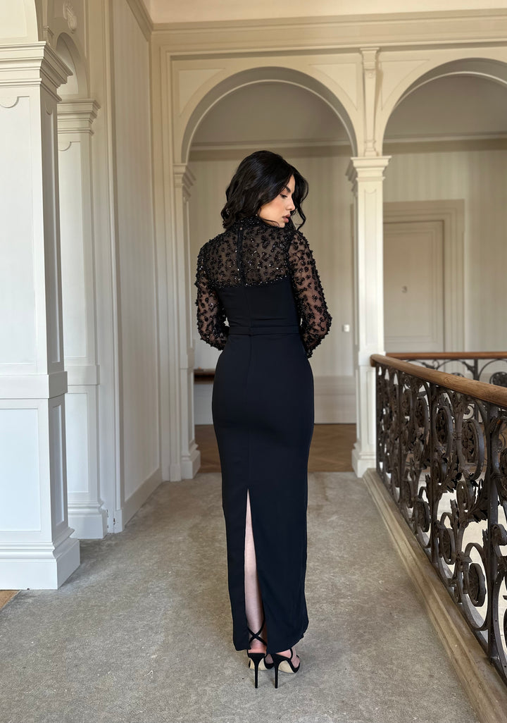 Longue robe de soirée noir chic, avec une fente à l'arrière, col montant, manche longue, pour tout type d'événement, gala, cérémonie, mariage