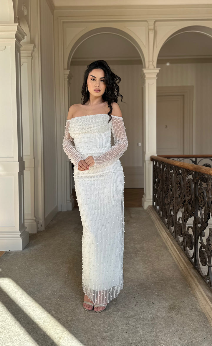 Longue robe de mariée chic blanche, avec une fente à l'arrière, col bustier, pour tout type d'événement, mariage, gala, cérémonie