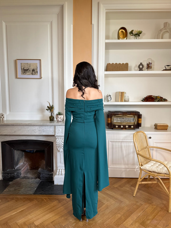 Longue robe de soirée vert émeraude, avec une fente à l'arrière, col bateau pour tout type de mariage, cérémonie, événement, gala