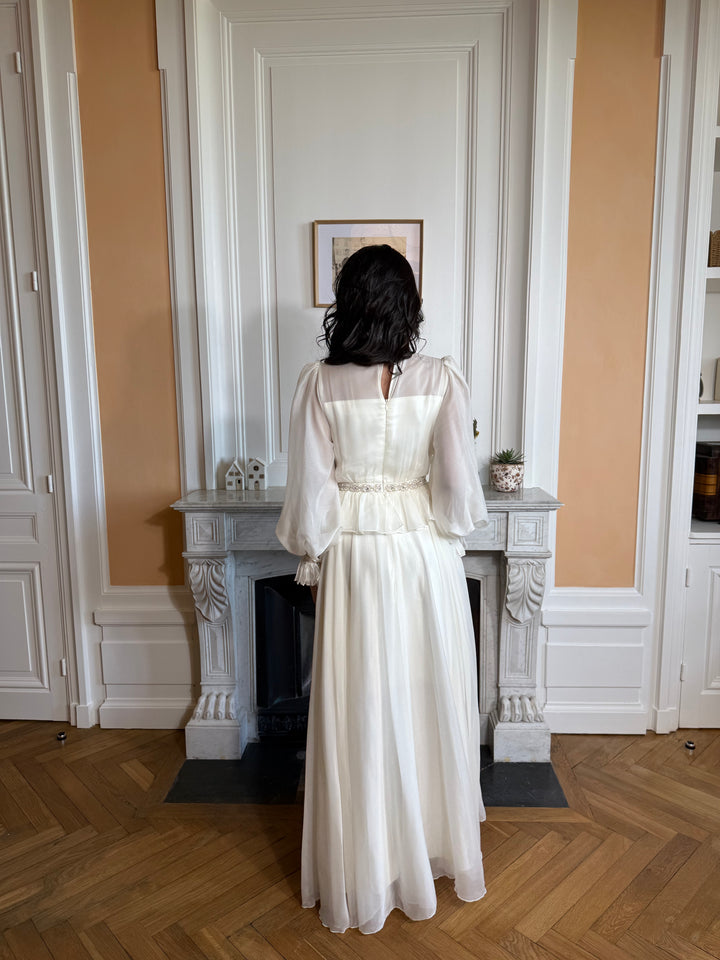 Longue robe de soirée chic ecru, sans fente, manche longue, col montant, pour tout type d'événement, mariage, gala, cérémonie