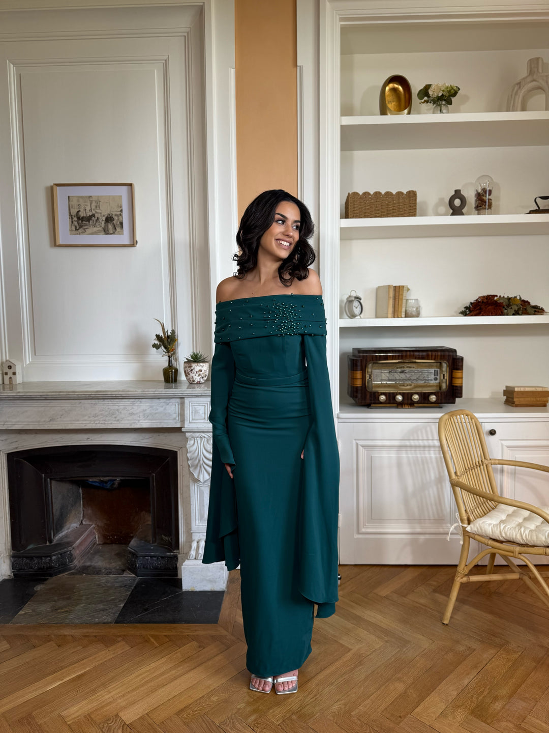 Longue robe de soirée vert émeraude, avec une fente à l'arrière, col bateau pour tout type de mariage, cérémonie, événement, gala