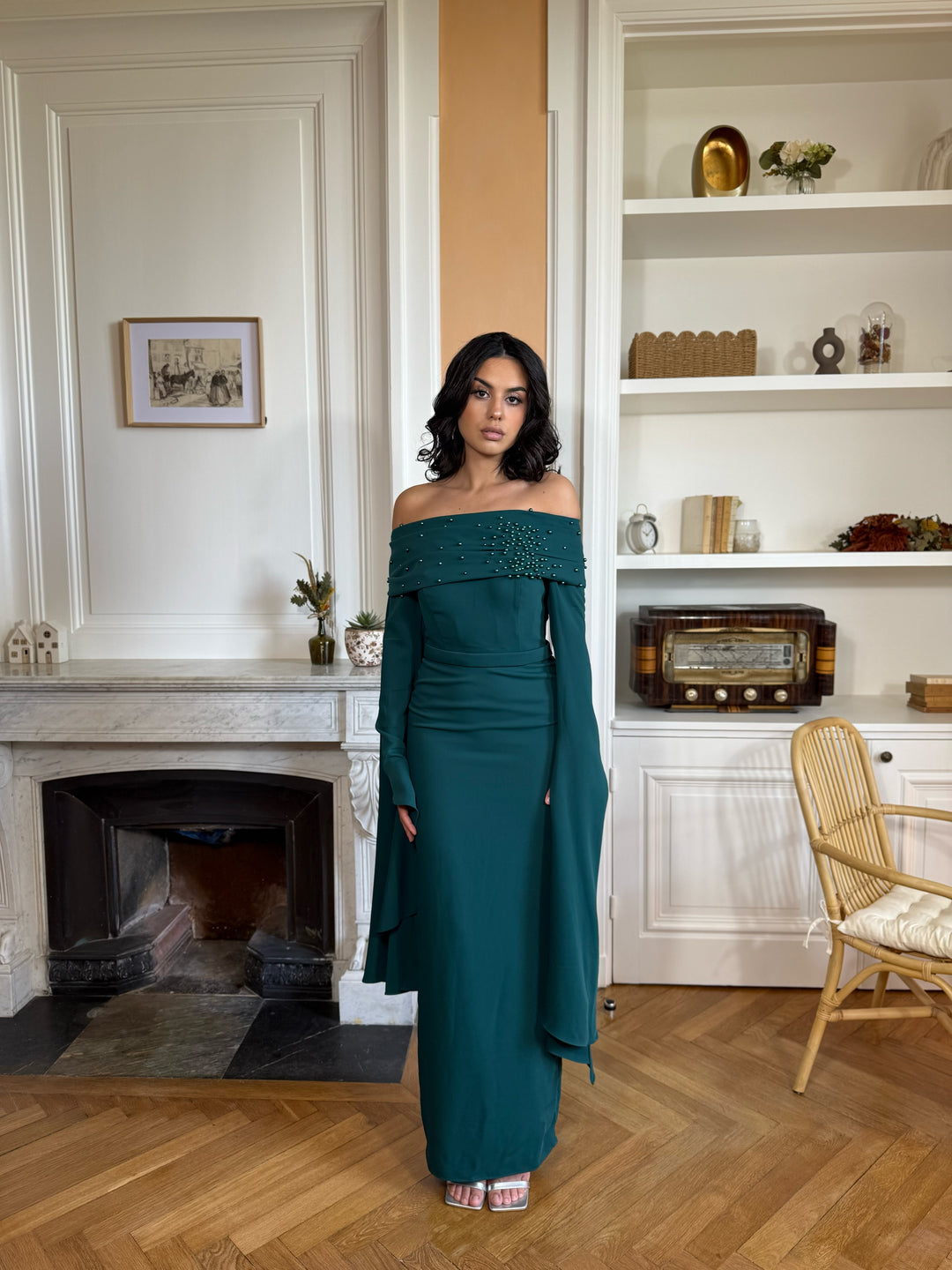 Longue robe de soirée vert émeraude, avec une fente à l'arrière, col bateau pour tout type de mariage, cérémonie, événement, gala