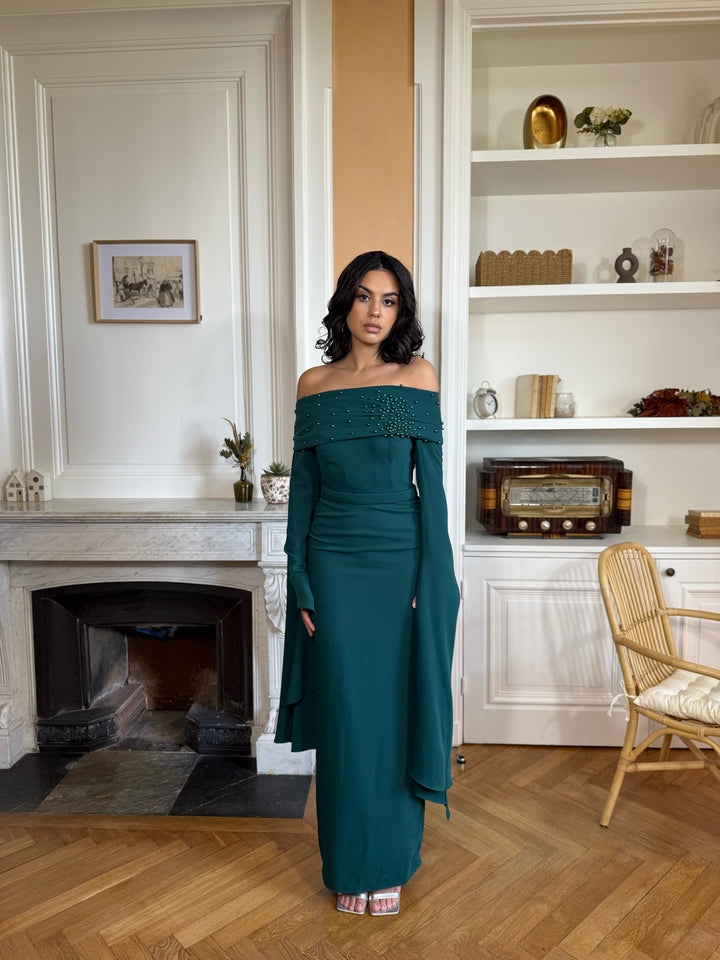 Longue robe de soirée vert émeraude, avec une fente à l'arrière, col bateau pour tout type de mariage, cérémonie, événement, gala