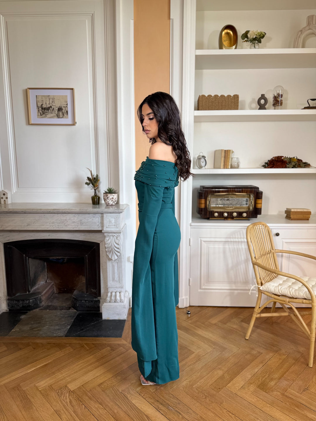Longue robe de soirée vert émeraude, avec une fente à l'arrière, col bateau pour tout type de mariage, cérémonie, événement, gala