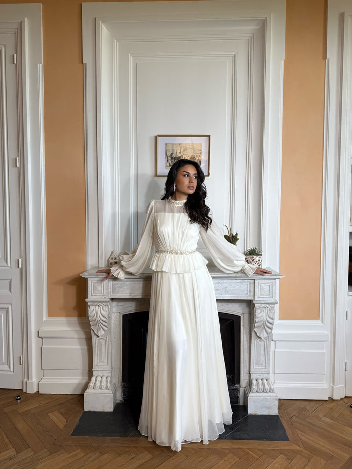 Longue robe de soirée chic ecru, sans fente, manche longue, col montant, pour tout type d'événement, mariage, gala, cérémonie