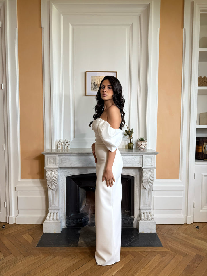 Longue robe de mariée blanche, avec fente à l'arrière, sans manche, col bateau, pour tout type d'événement, mariage, gala, cérémonie