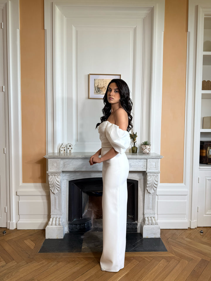 Longue robe de mariée blanche, avec fente à l'arrière, sans manche, col bateau, pour tout type d'événement, mariage, gala, cérémonie