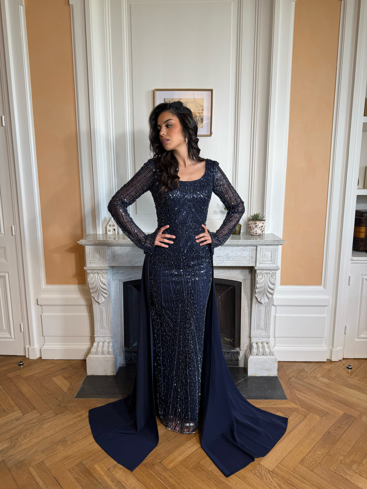 Longue robe de soirée bleu marine chic, col rond, manche longue, sans fente, avec une traine, pour tout type d'événement, gala, mariage, cérémonie