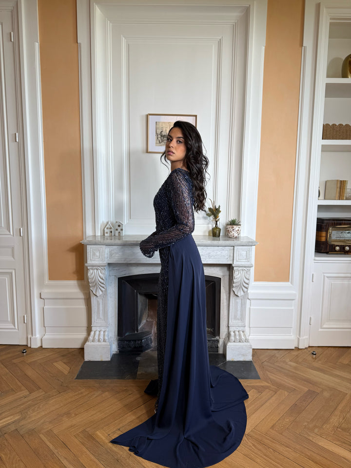 Longue robe de soirée bleu marine chic, col rond, manche longue, sans fente, avec une traine, pour tout type d'événement, gala, mariage, cérémonie