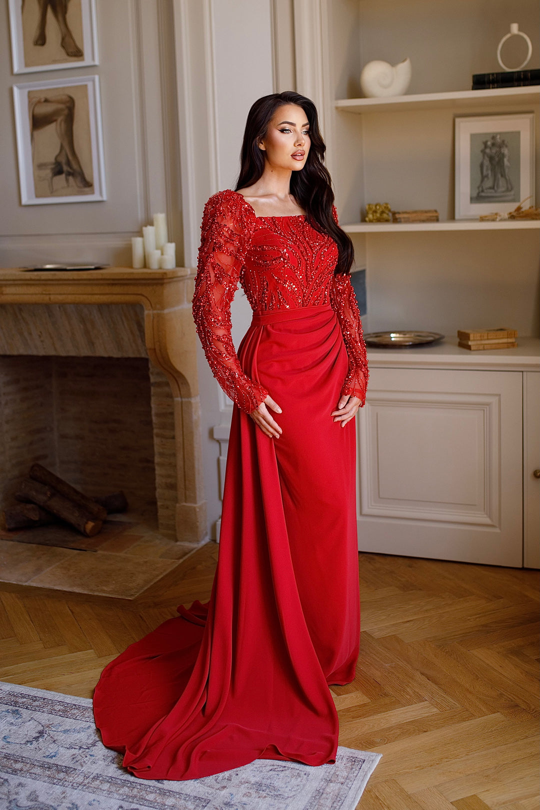 Longue robe de soirée chic rouge, sans fente, manche longue, col carré, avec une traine pouvant s'enlever, pour tout type d'événement mariage gala cérémonie