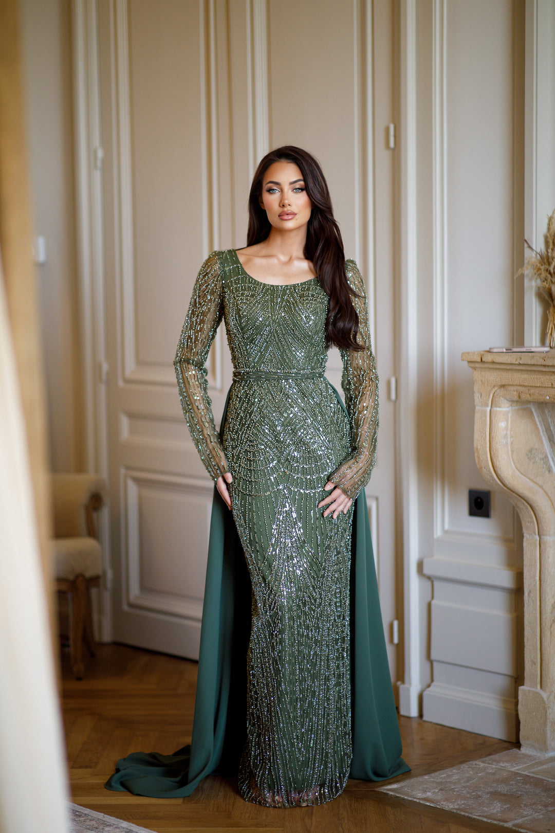 Longue robe de soirée kaki élégante, col rond, manche longue, sans fente, avec une traine, pour tout type d'événement, gala, mariage, cérémonie