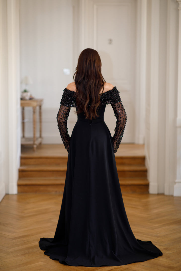 Longue robe de soirée noir chic, manche longue, sans fente, avec une traine, pour tout type d'événement, gala, mariage, cérémonie