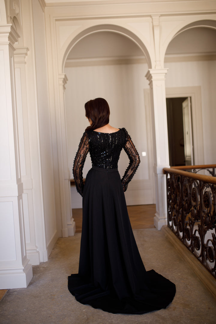 Longue robe de soirée chic noir sans fente, avec une traine, manche longue, col rond, pour tout d'événement, mariage, gala, cérémonie