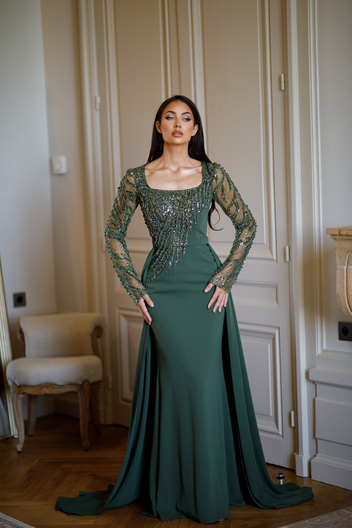 Longue robe de soirée kaki élégante, sans fente, col carré, manche longue, avec une traine, pour tout type d'événement, gala, cérémonie, mariage