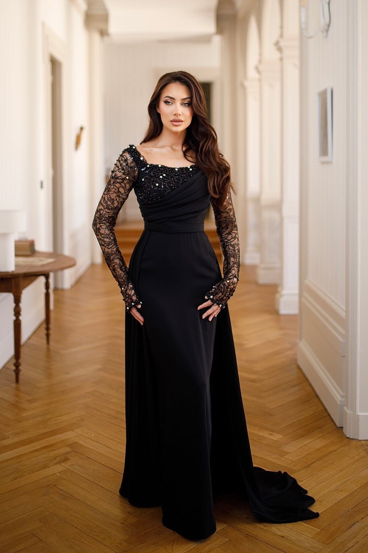 élégante longue robe de soirée noir, manche longue, col carré, sans fente, avec une traine, pour tout type d'événement, cérémonie, gala, mariage