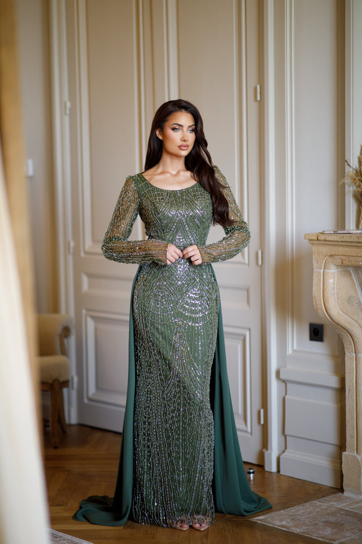 Longue robe de soirée kaki élégante, col rond, manche longue, sans fente, avec une traine, pour tout type d'événement, gala, mariage, cérémonie