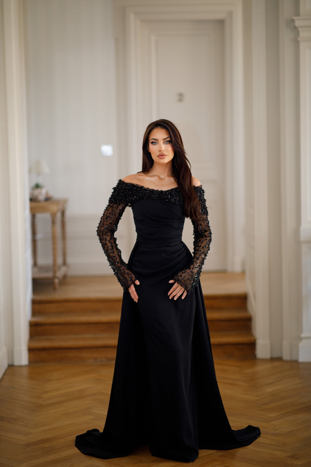Longue robe de soirée noir chic, manche longue, sans fente, avec une traine, pour tout type d'événement, gala, mariage, cérémonie