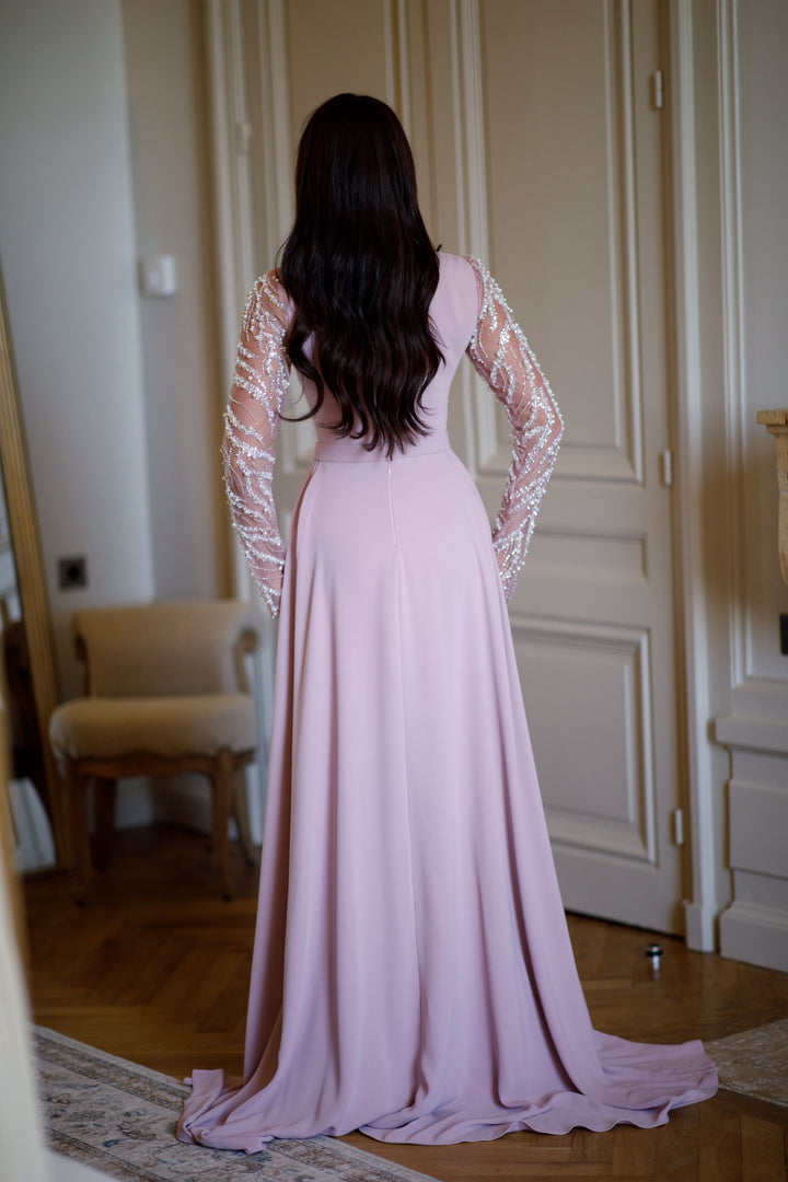 Longue robe de soirée chic rose, sans fente, col carré, manche longue, avec une traine, pour tout type d'événement, gala, cérémonie, mariage