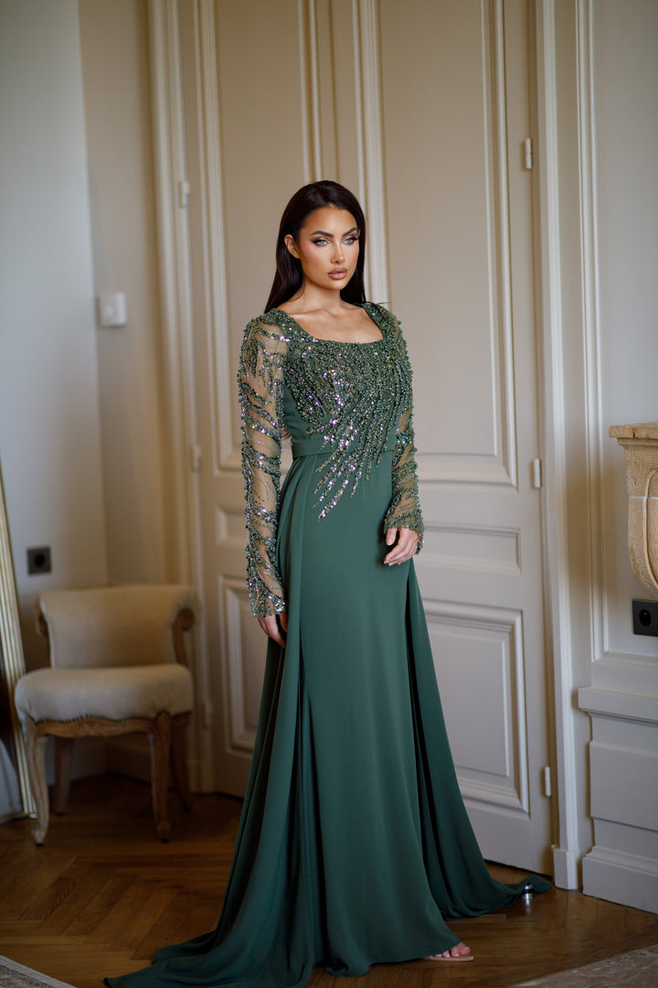 Longue robe de soirée kaki élégante, sans fente, col carré, manche longue, avec une traine, pour tout type d'événement, gala, cérémonie, mariage