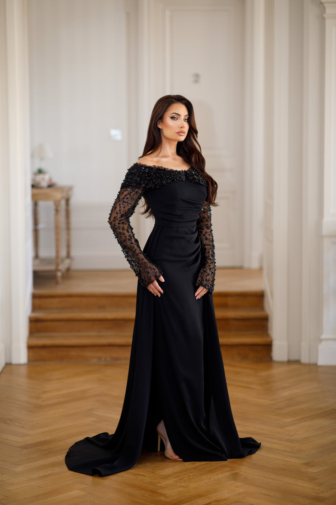 Longue robe de soirée noir chic, manche longue, sans fente, avec une traine, pour tout type d'événement, gala, mariage, cérémonie