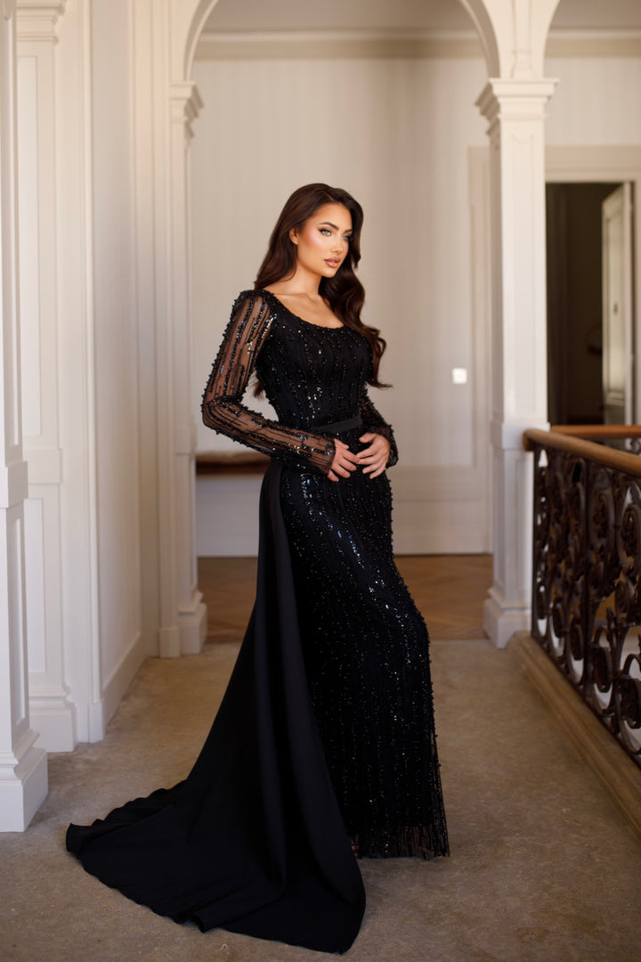 Longue robe de soirée chic noir sans fente, avec une traine, manche longue, col rond, pour tout d'événement, mariage, gala, cérémonie