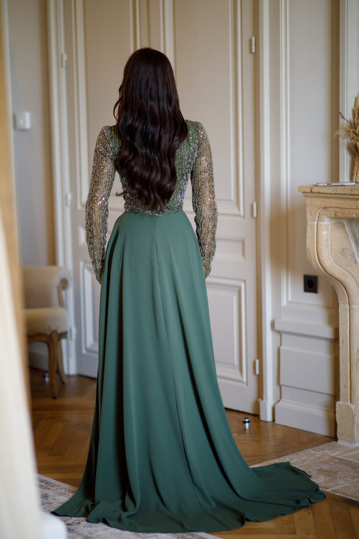 Longue robe de soirée kaki élégante, col rond, manche longue, sans fente, avec une traine, pour tout type d'événement, gala, mariage, cérémonie