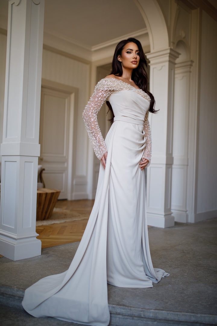 élégante longue robe de soirée beige, manche longue, sans fente, avec une traine, pour tout type d'événement, gala, mariage, cérémonie