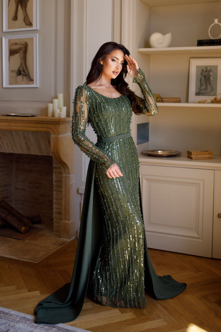 Longue robe de soirée élégante kaki, sans fente, avec une traine, manche longue, col rond, pour tout d'événement, mariage, gala, cérémonie