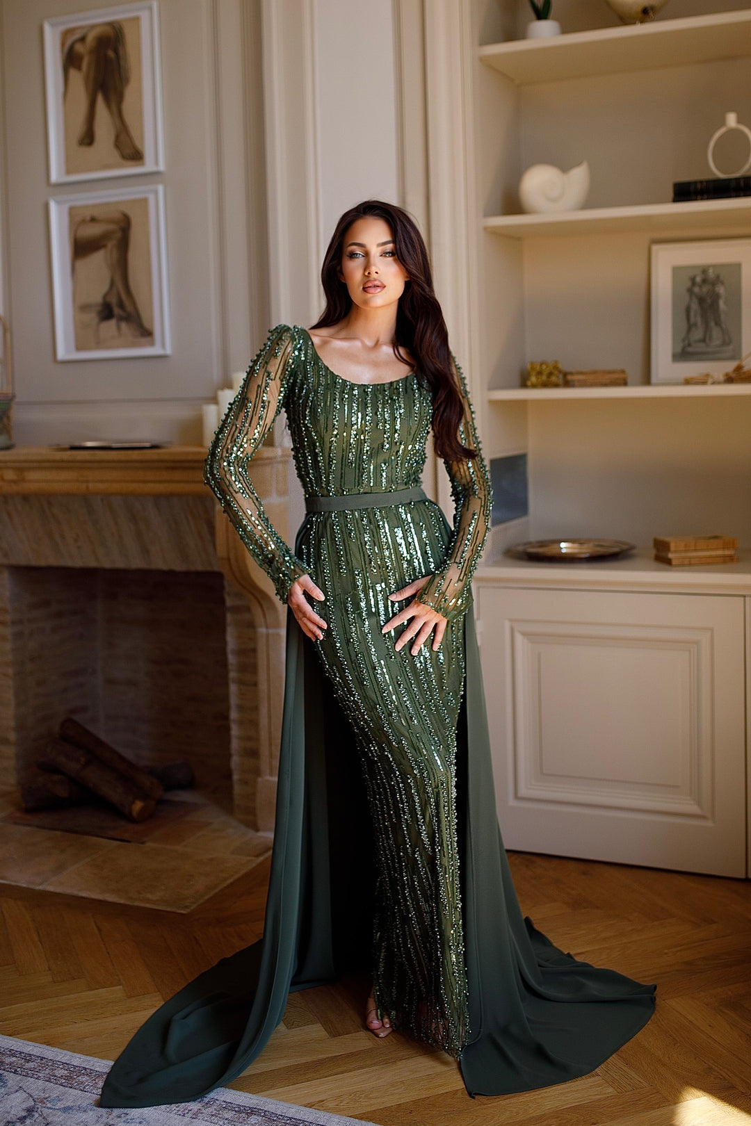 Longue robe de soirée élégante kaki, sans fente, avec une traine, manche longue, col rond, pour tout d'événement, mariage, gala, cérémonie