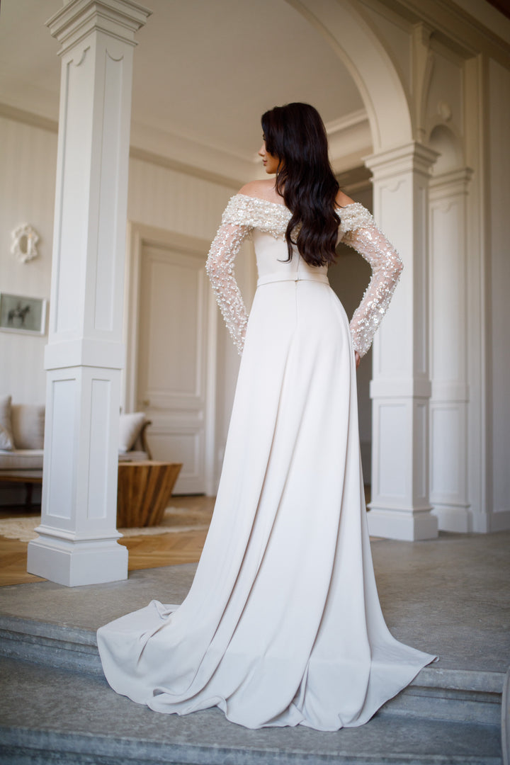 élégante longue robe de soirée beige, manche longue, sans fente, avec une traine, pour tout type d'événement, gala, mariage, cérémonie