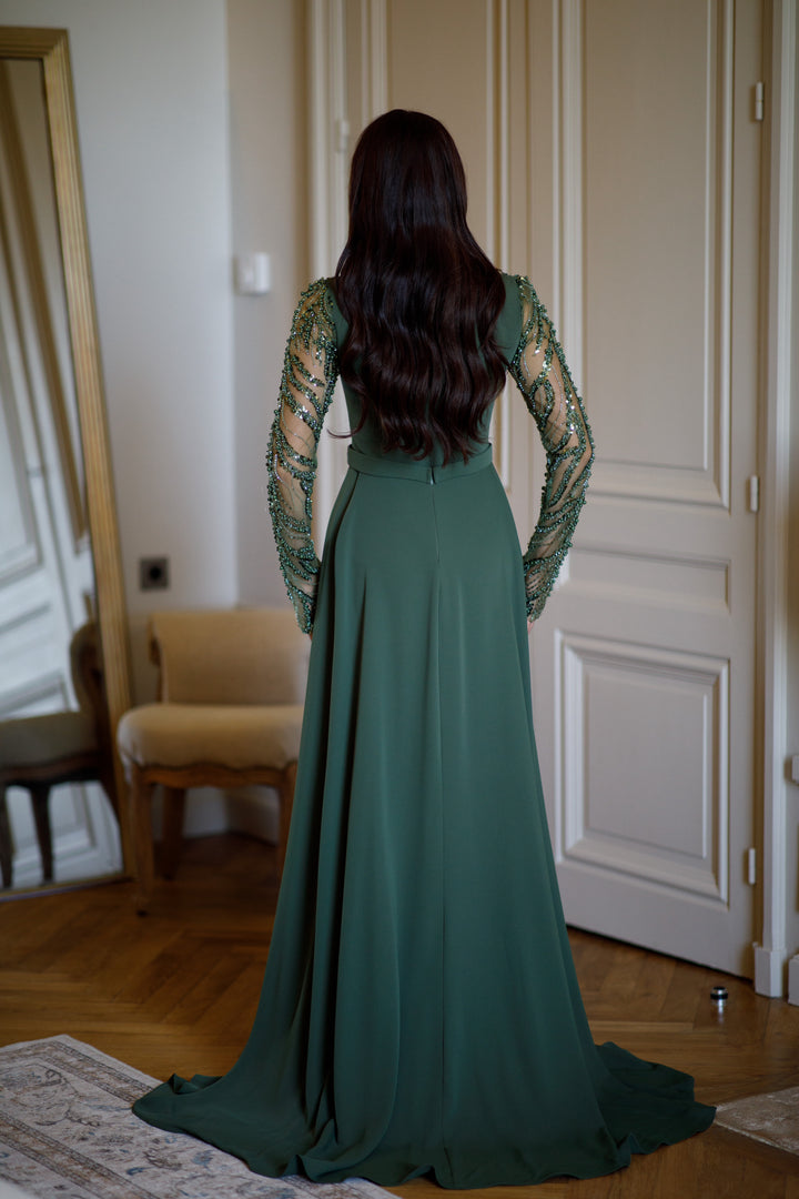 Longue robe de soirée kaki élégante, sans fente, col carré, manche longue, avec une traine, pour tout type d'événement, gala, cérémonie, mariage