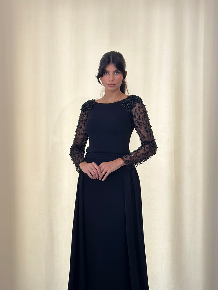 Robe de soirée noir perlée