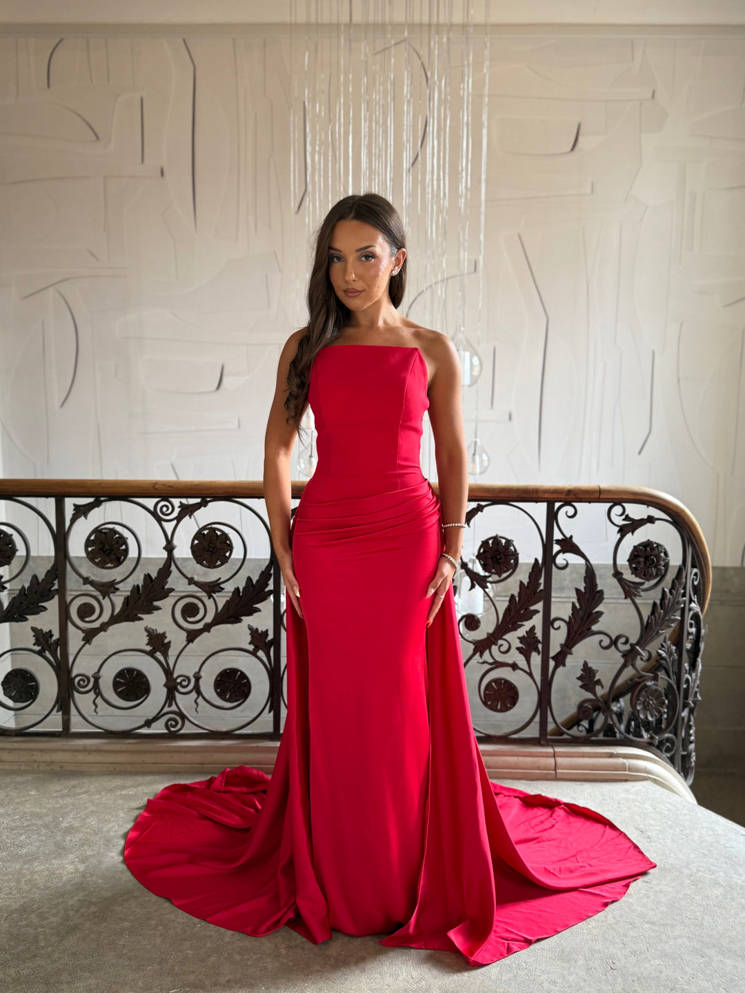 Longue robe de soirée rouge chic, sans fente, sans manche, pour tout type d'événement, gala, cérémonie, mariage