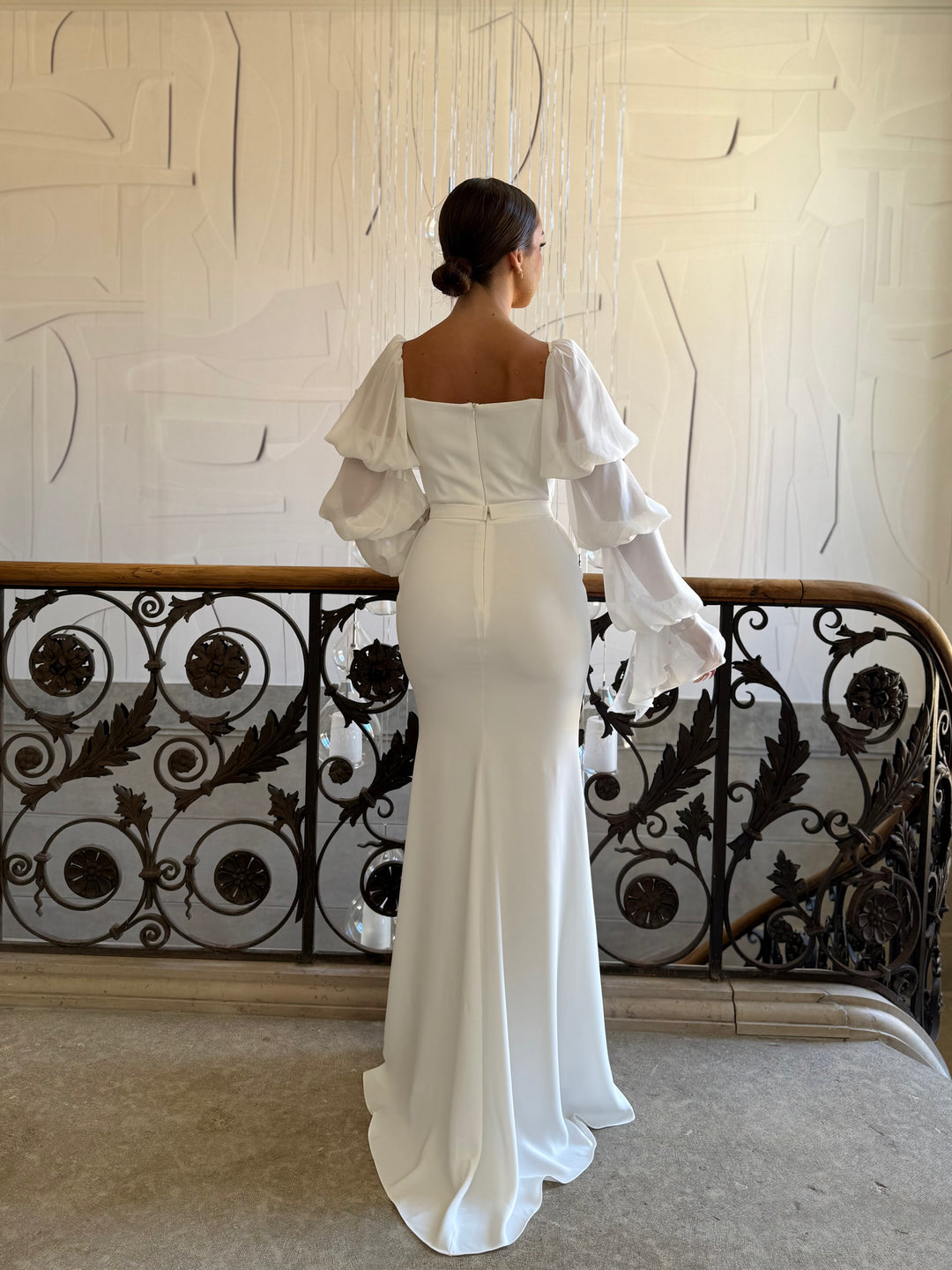 Longue robe de mariée blanche, sans fente, manche longue, col carré, pour tout type d'événement, gala, cérémonie, mariage