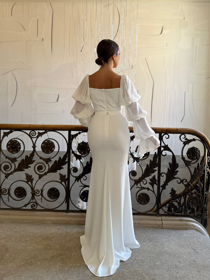 Longue robe de mariée blanche, sans fente, manche longue, col carré, pour tout type d'événement, gala, cérémonie, mariage