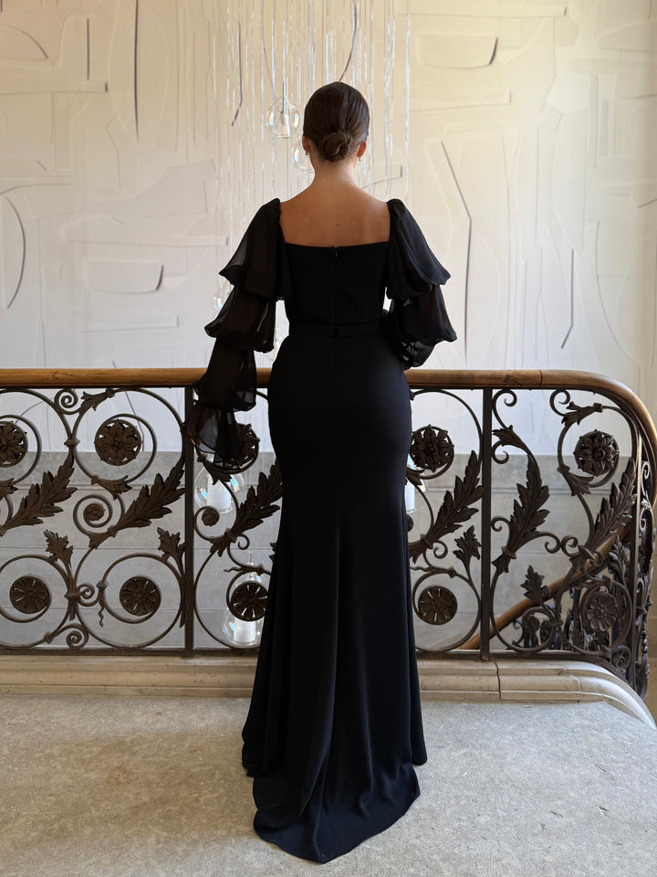 Longue robe de soirée élégante noir, sans fente, manche longue, col carré, pour tout type d'événement, gala, cérémonie, mariage
