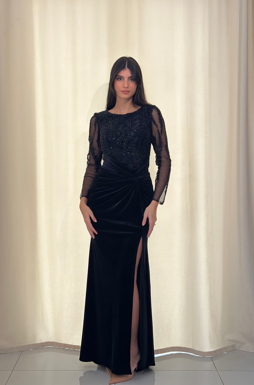 longue robe de soirée noir en velour pour mariage