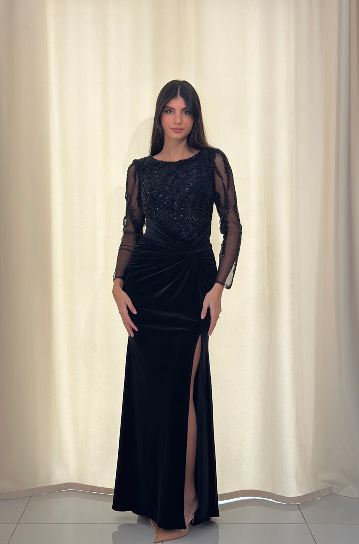 longue robe de soirée noir en velour pour mariage