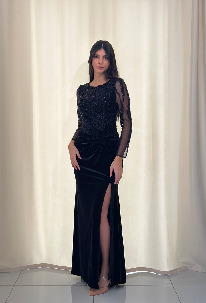 longue robe de soirée noir en velour pour mariage