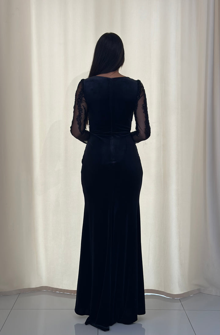 longue robe de soirée noir en velour pour mariage