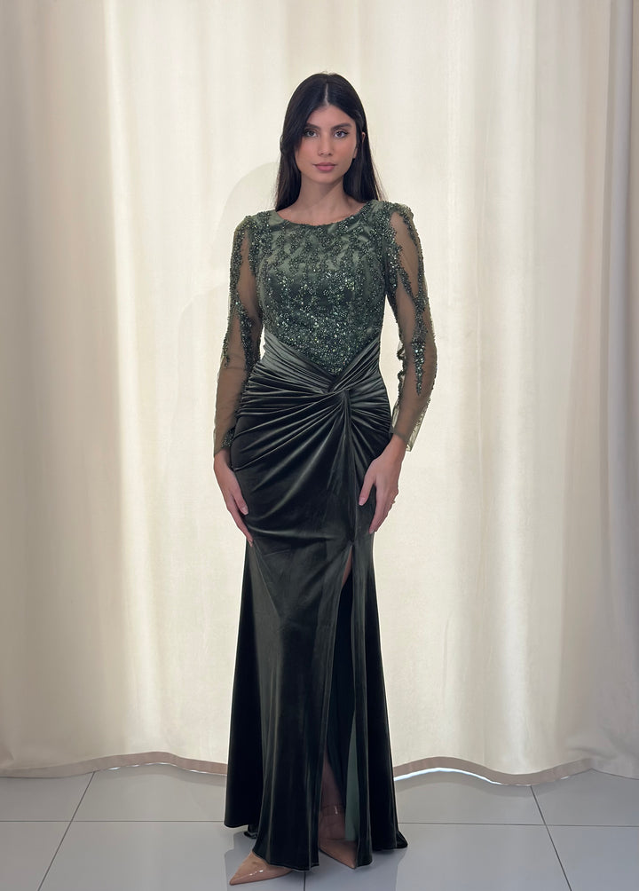 longue robe de soirée vert en velour pour mariage