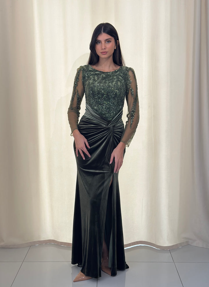longue robe de soirée vert en velour pour mariage