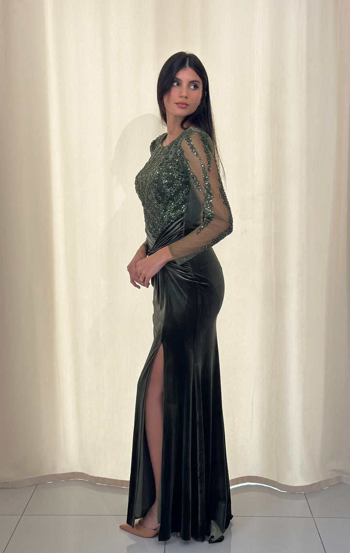 longue robe de soirée vert en velour pour mariage