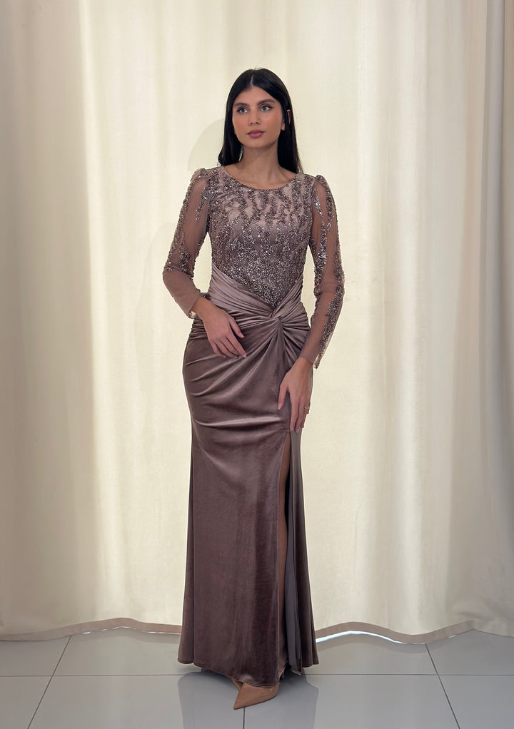 longue robe de soirée vert en velour pour mariage