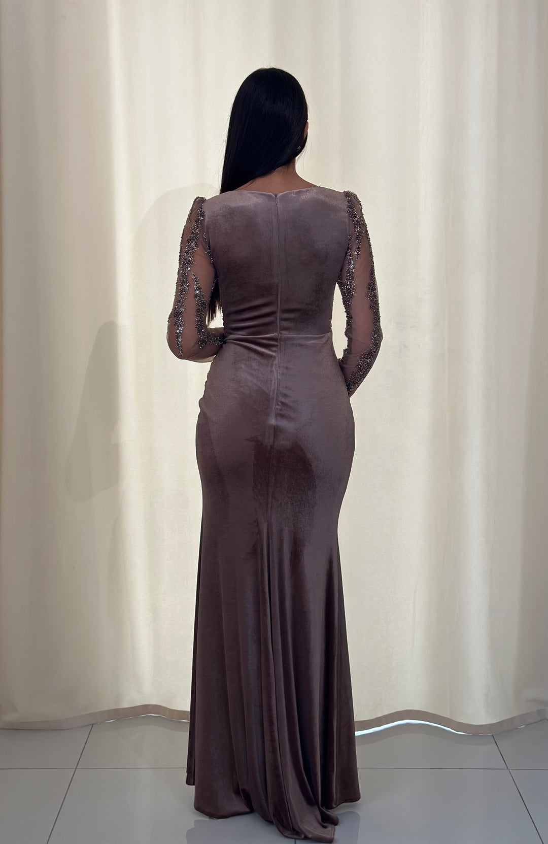 longue robe de soirée vert en velour pour mariage